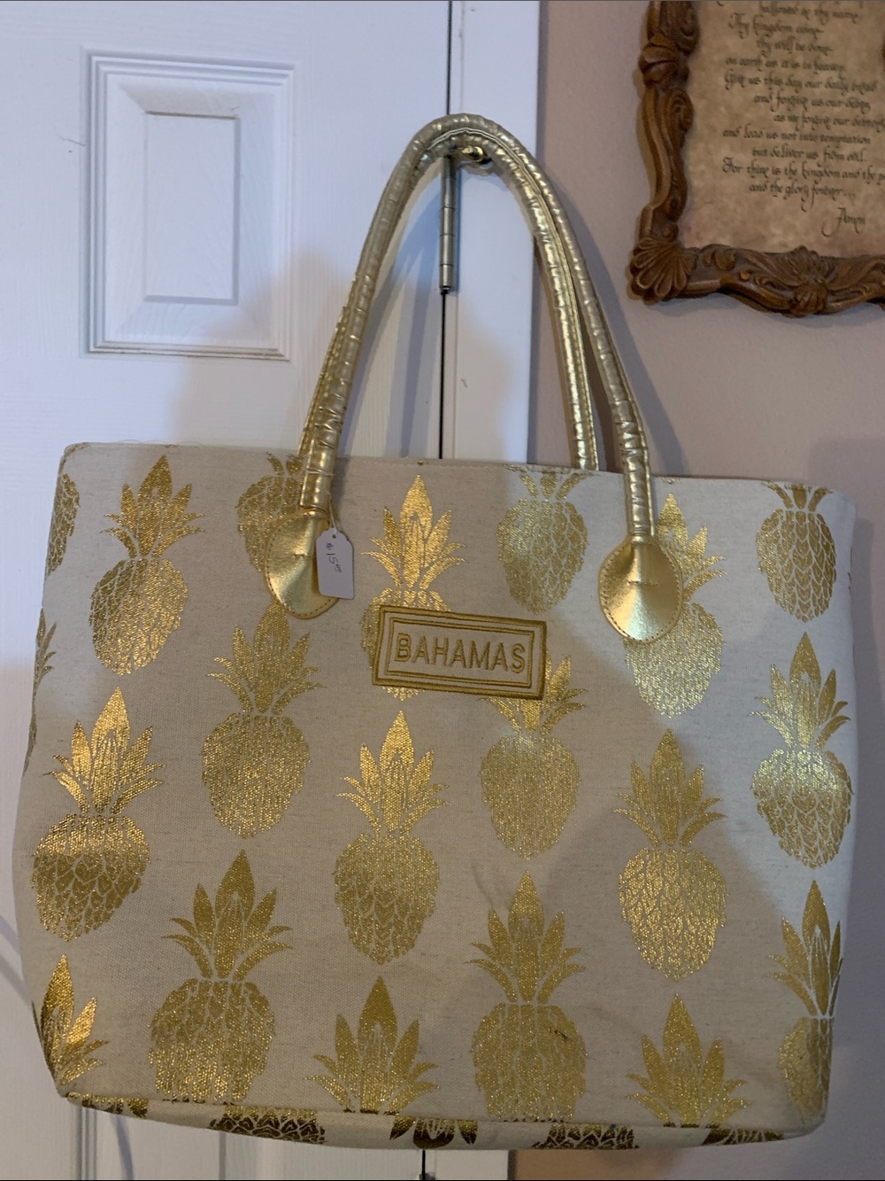 Bahamas Gold Pineapple Tote Bag in Cream and Metallic Gold